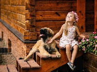 Dziewczynka, Leonberger, Pies, Schody, Szczeniak