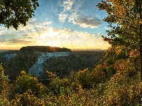 Stan Nowy Jork, Drzewa, Góry, Promienie słońca, Stany Zjednoczone, Letchworth State Park