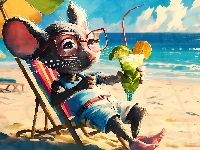 Plaża, Grafika, Morze, Myszka, Napój, Parasol, Śmieszne, Leżak