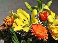 Lilie, Gerbery, Bukiet, Kwiatów, Tulipany
