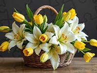 Tulipany, Białe, Kwiaty, Lilie, Koszyk, Żółte