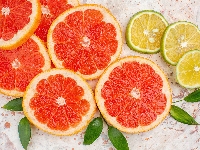 Liście, Grejpfrut, Owoce, Limonka, Jasne tło, Plastry