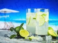 Napój, Limonka, Szklanki, Woda, Lód