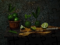 Nóż, Limonki, Owoce, Liście, Stół, Deska
