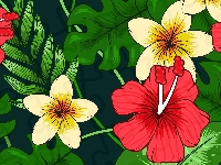 Hibiskusy, Kwiaty, Plumerie, Liście