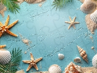 Niebieskie, Rozgwiazdy, Muszelki, Liście, Tło, Piasek