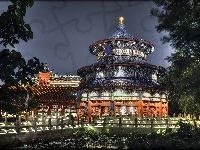 Liście, Chiny, Budowla, Staw, Światla