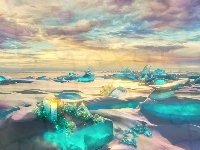 Lód, Planeta, Fantasy, Chmury, Kryształy, Paintography