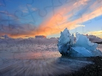 Bryła, Zachód słońca, Islandia, Jezioro Jökulsárlón, Lód
