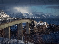Most, Lofoty, Góry, Zima, Norwegia