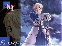 Saber, logo, twarz, napis, Fate Stay Night, dziewczyna