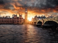 Most Westminsterski, Londyn, Zachód Słońca, Anglia, Rzeka Tamiza, Big Ben
