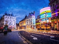 Ulica, Londyn, Domy, Anglia, Plac Piccadilly Circus, Światła