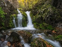 Skały, Park Narodowy Los Glaciares, Patagonia, Argentyna, Omszałe, Las, Rzeka, Kamienie, Roślinność, Wodospad