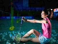 Azjatka, Lotki, Badminton, Rakieta, Dziewczyna, Kort, Sport