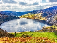 Jezioro, Góry Wicklow, Lough Tay, Irlandia, Chmury