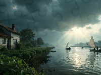 Niebo, Grafika, Zachmurzone, Dom, Łódki, Rybacy, Rzeka, Łowienie