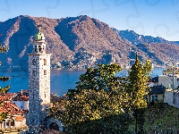Wieża, Szwajcaria, Kościół, Katedra Świętego Wawrzyńca, Alpy, Lugano, Domy, Jezioro Lugano, Kanton Ticino, Góra, Drzewa