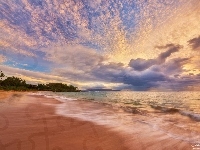 Chmury, Wyspa Maui, Wschód słońca, Hawaje, Morze, Plaża Makena