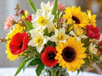 Bukiet, Słoneczniki, Kwiaty, Maki, Wazon, Narcyzy