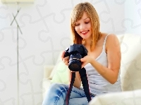 Makijaż, Fotograficzny, Uśmiechnięta, Dziewczyna, Aparat