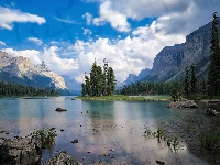 Park Narodowy Jasper, Kanada, Brzeg, Jezioro, Maligne Lake, Kamienie, Góry, Drzewa