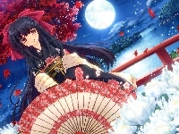 Kwiaty, Parasol, Noc, Księżyc, Anime, Wyspa, Dziewczyna, Drzewo, Manga