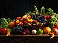 Owoce, Tło, Papryka, Czarne, Warzywa, Winogrona, Pomidory, Brokuły, Marchew, Jabłka, Cebula, Cukinia, Kosz, Awokado