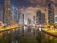 Dubaj, Zjednoczone Emiraty Arabskie, Świt, Rzeka, Dubai Creek, Dubai Marina, Wieżowce, Dzielnica