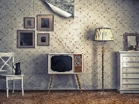 Meble, Obrazki, Zaniedbany, Pokój, Telewizor