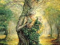 Drzewa, Kobieta, Josephine Wall, Wiosna, Mężczyzna, Pocałunek