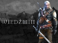 mężczyzna, The Witcher, wioska, miecz