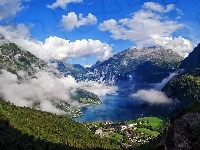 Malowniczy, Góry, Mgła, Wioska, Norwegia, Fiord Geiranger, Skały