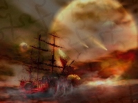 Mgła, Obraz, Statek, Księżyc