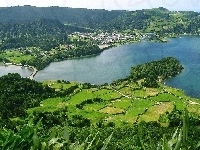 Góry, Miasteczko, Ptaka, Pola, Jezioro, Lasy, Z lotu