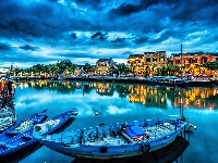 Miasto, Łódki, Niebo, Chmury, Port