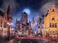 Miasto nocą, Ulica, Domy, Księżyc