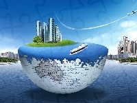 Miasto, 3D, Globus, Morze