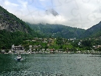 Miasto, Geiranger, Lasy, Norwegia, Jezioro, Góry