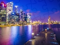 Miasto, Zatoka, Singapur, Wieżowce, Molo, Noc