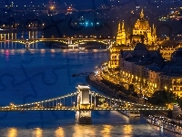 Miasto, Dunaj, Budapeszt, Węgry, Most, Noc