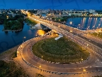 Miasto, Droga, Rzeka, Most, Nocą