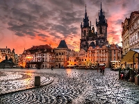 Wieże, Czechy, Praga, Miasto, Zachód Słońca, Domy