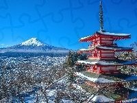 Miasto, Fudżi, Japonia, Świątynia, Wulkan, Zima