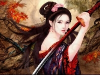 Miecz, Dziewczyna, Kimono, Liście