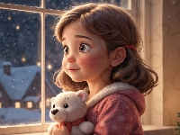 Noc, Pluszowy, Dziewczynka, Miś, AI, Okno