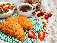 Miseczka, Śniadanie, Kawa, Filiżanka, Ściereczka, Rogale, Croissanty, Musli, Wiśnie, Truskawki