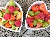 Maliny, Miseczki, Melon, Winogrona, Kiwi, Owoce, Truskawki, Dwie