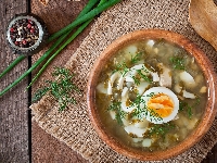 Szczypiorek, Pieprz, Serwetka, Szczawiowa, Jajko, Łyżka, Zupa, Miska