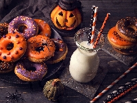 Pączki, Mleko, Donuty, Halloween, Słomki